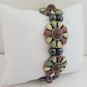 Retro Art Deco Style Enamel Daisies Stretch Bracelet Earthy Tones Gun Metal Bead